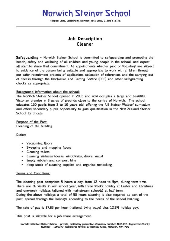 Cleaner Job Description Norwich Steiner School
