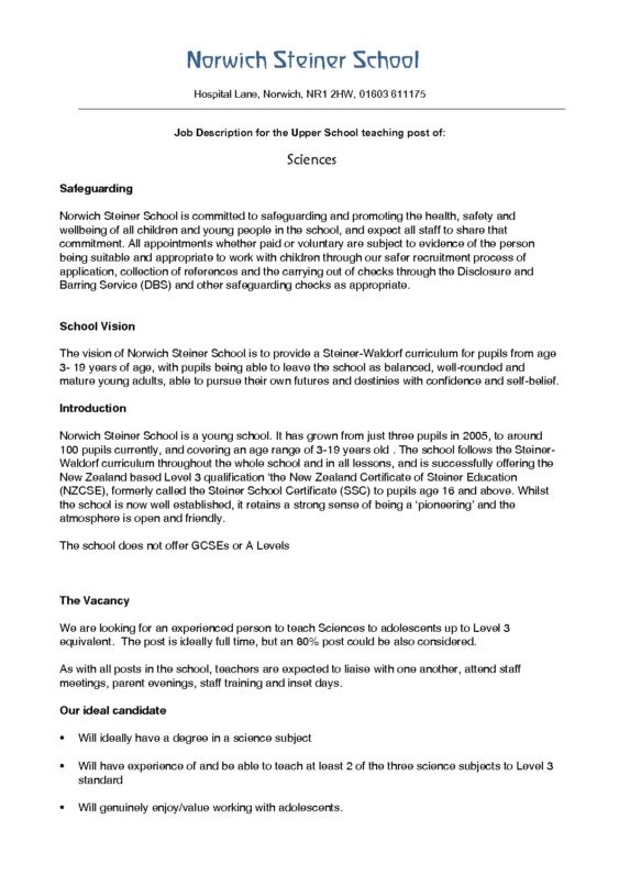 Job description upper school Science teacher April 2019 Norwich