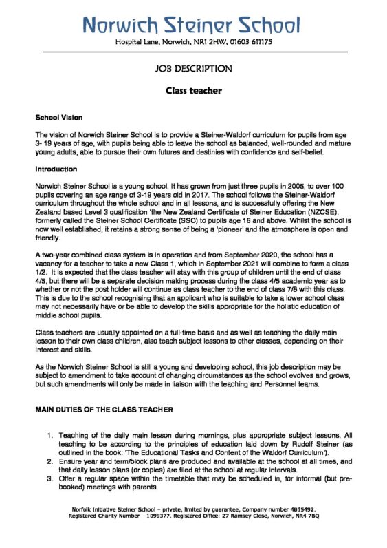 Class teacher 2020 Job Description Norwich Steiner School